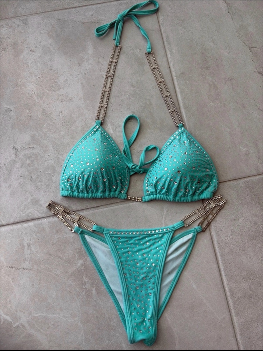 Crystal-Embellished Turquoise Women's Competition Bikini Set